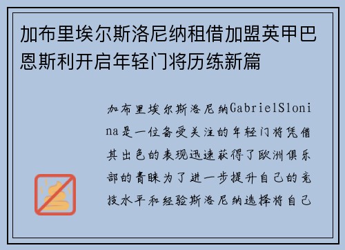 加布里埃尔斯洛尼纳租借加盟英甲巴恩斯利开启年轻门将历练新篇 加布里埃尔斯洛尼纳租借加盟英甲巴恩斯利开启年轻门将历练新篇
